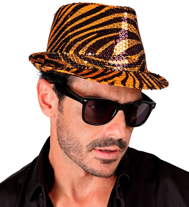 Pailletten Fedora Hut mit auffälligem Tigermuster in Braun- und Orangetönen