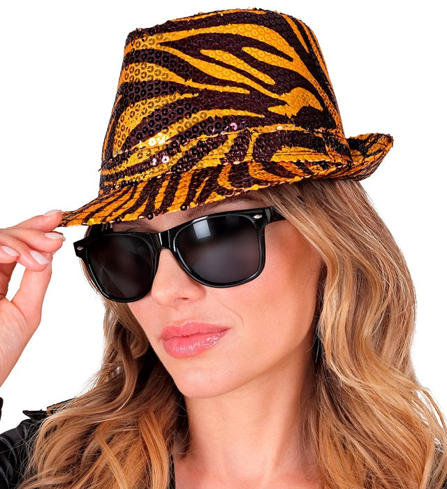 Pailletten Fedora Hut mit auffälligem Tigermuster in Braun- und Orangetönen