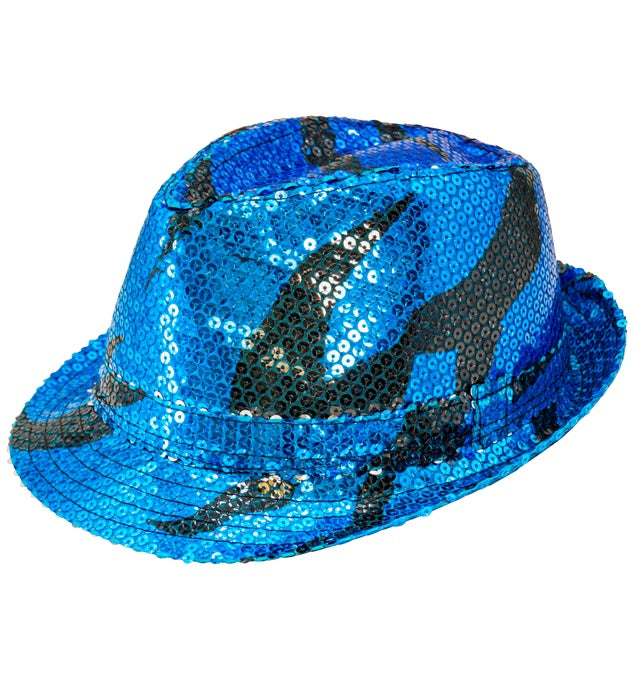 Pailletten Fedora Hut mit blauem Wellenmuster für Fasnacht und Karneval