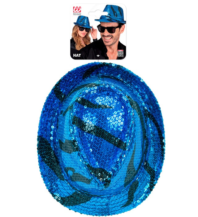 Pailletten Fedora Hut mit blauem Wellenmuster für Fasnacht und Karneval