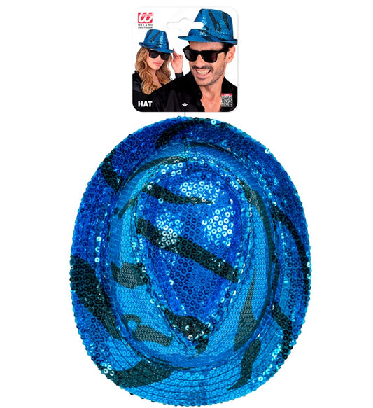 Pailletten Fedora Hut mit blauem Wellenmuster für Fasnacht und Karneval