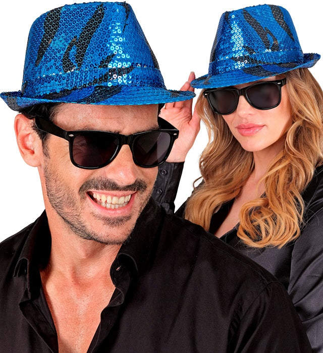 Pailletten Fedora Hut mit blauem Wellenmuster für Fasnacht und Karneval