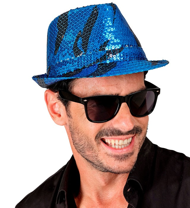 Pailletten Fedora Hut mit blauem Wellenmuster für Fasnacht und Karneval