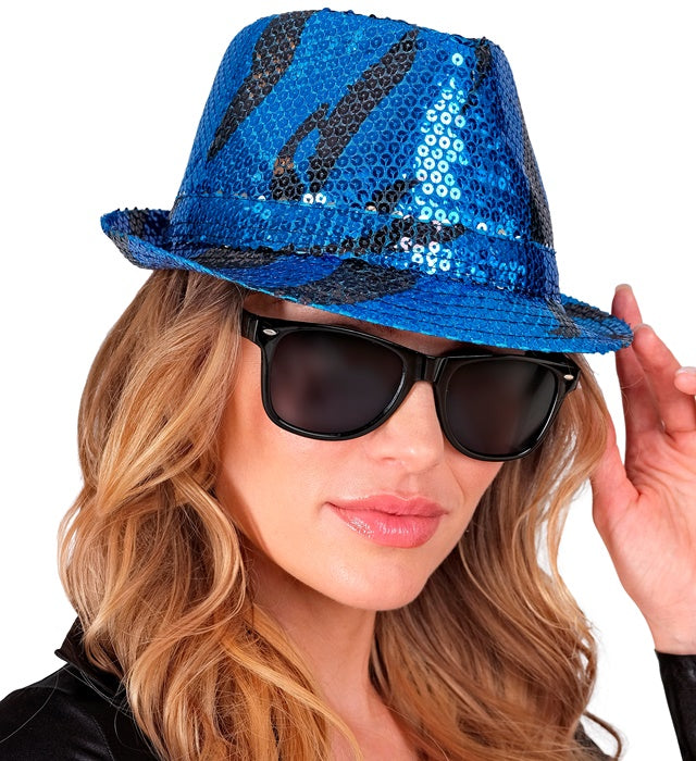Pailletten Fedora Hut mit blauem Wellenmuster für Fasnacht und Karneval