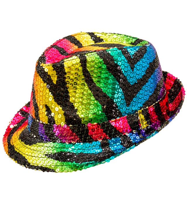 Pailletten Fedora Hut im Tigermuster mit buntem Regenbogen-Effekt, ideal für Fasnacht und Kostüme