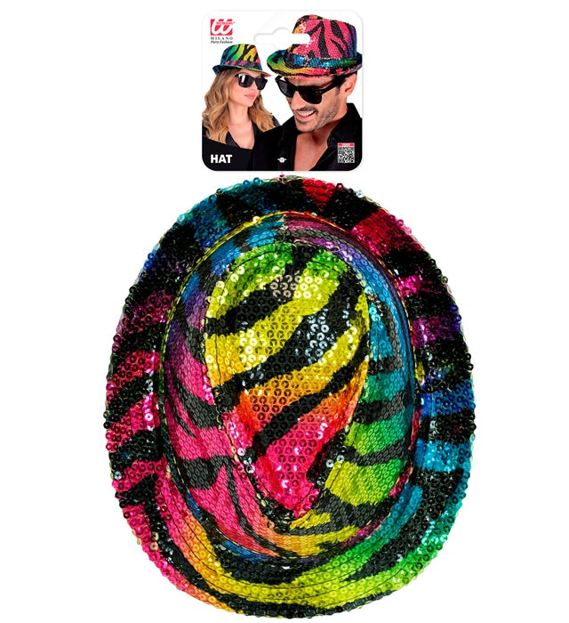 Pailletten Fedora Hut im Tigermuster mit buntem Regenbogen-Effekt, ideal für Fasnacht und Kostüme