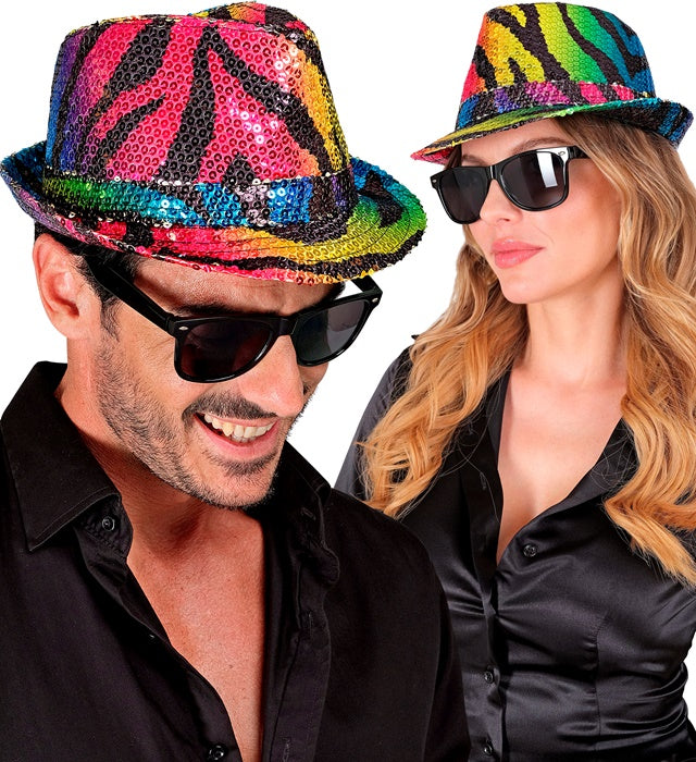Pailletten Fedora Hut im Tigermuster mit buntem Regenbogen-Effekt, ideal für Fasnacht und Kostüme