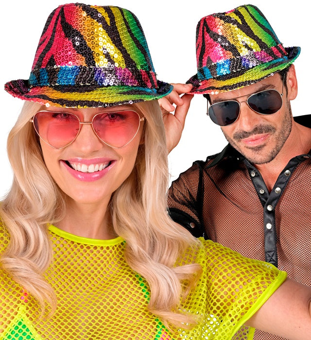 Pailletten Fedora Hut im Tigermuster mit buntem Regenbogen-Effekt, ideal für Fasnacht und Kostüme