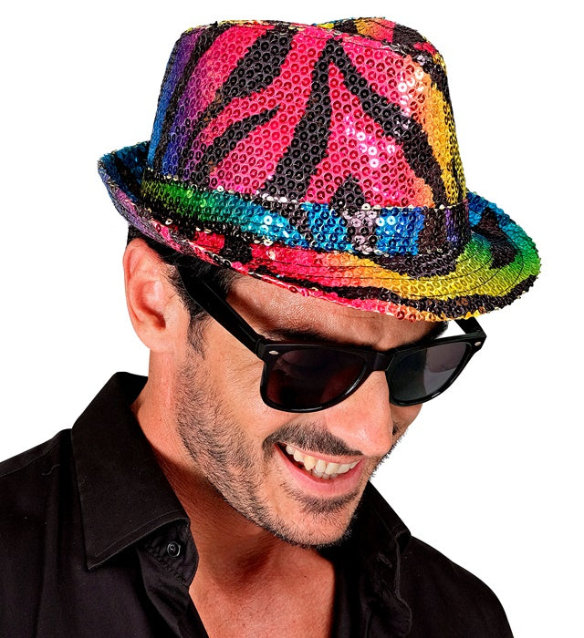 Pailletten Fedora Hut im Tigermuster mit buntem Regenbogen-Effekt, ideal für Fasnacht und Kostüme