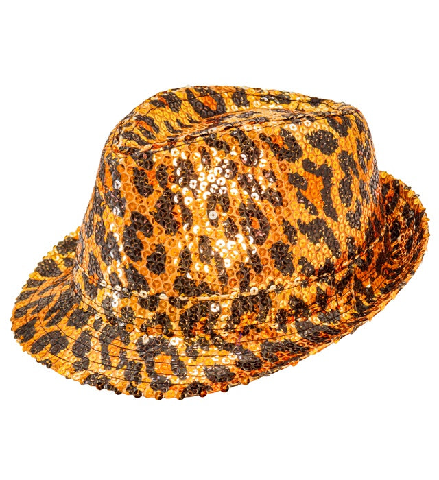 Pailletten Fedora Hut im Leopardenmuster für Fasnacht und Karneval