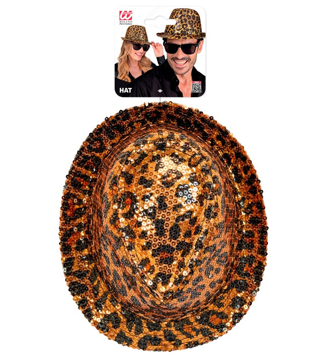 Pailletten Fedora Hut im Leopardenmuster für Fasnacht und Karneval