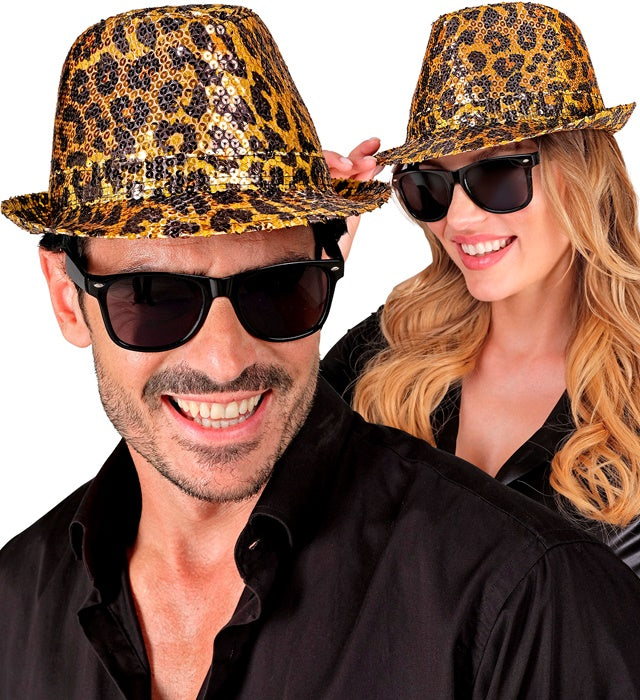 Pailletten Fedora Hut im Leopardenmuster für Fasnacht und Karneval