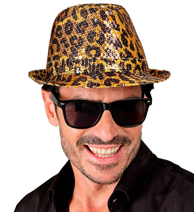 Pailletten Fedora Hut im Leopardenmuster für Fasnacht und Karneval