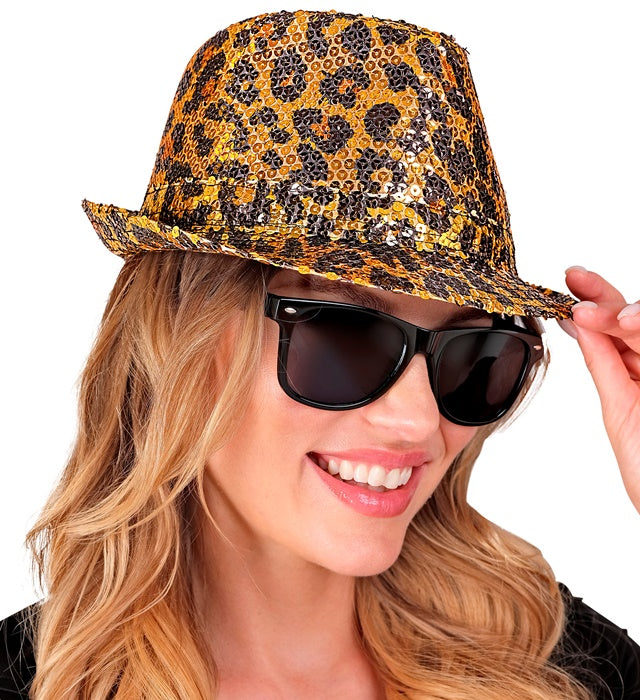 Pailletten Fedora Hut im Leopardenmuster für Fasnacht und Karneval
