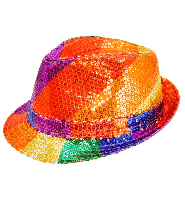Pailletten Fedora Hut mit buntem Regenbogen-Muster für Fasnacht und Karneval