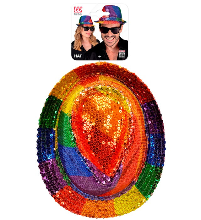 Pailletten Fedora Hut mit buntem Regenbogen-Muster für Fasnacht und Karneval