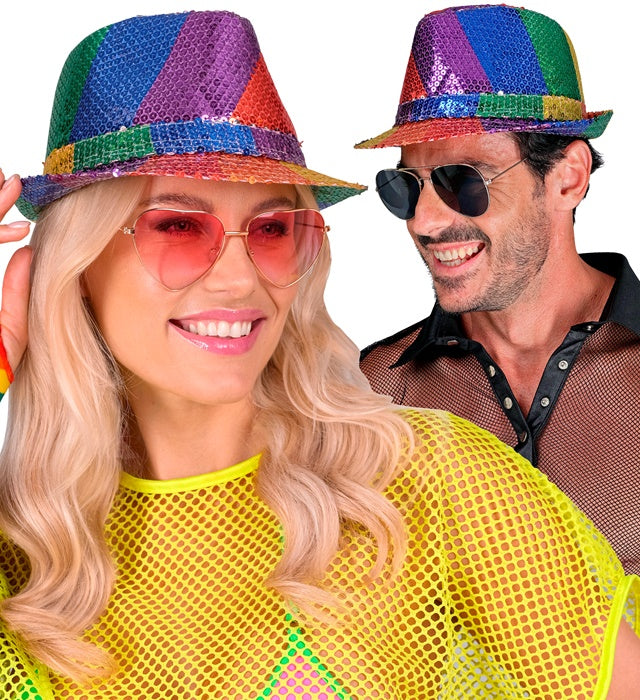 Pailletten Fedora Hut mit buntem Regenbogen-Muster für Fasnacht und Karneval