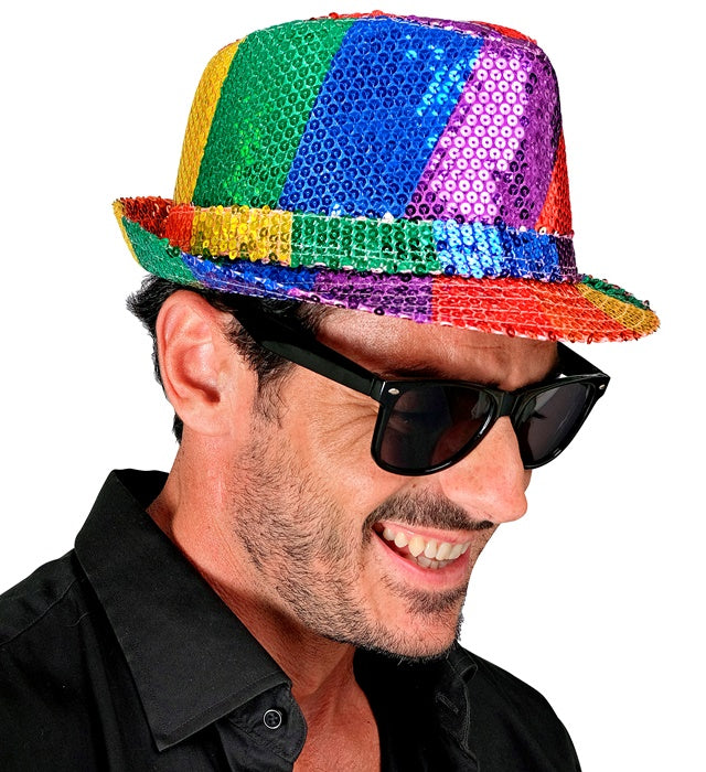 Pailletten Fedora Hut mit buntem Regenbogen-Muster für Fasnacht und Karneval