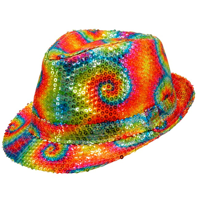 Pailletten Fedora Hut im bunten Tie-Dye Muster, geeignet für Fasnacht und Karneval