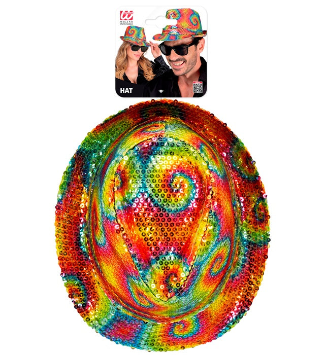 Pailletten Fedora Hut im bunten Tie-Dye Muster, geeignet für Fasnacht und Karneval
