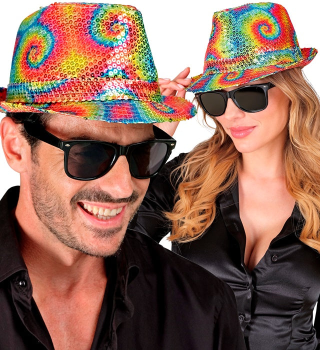 Pailletten Fedora Hut im bunten Tie-Dye Muster, geeignet für Fasnacht und Karneval
