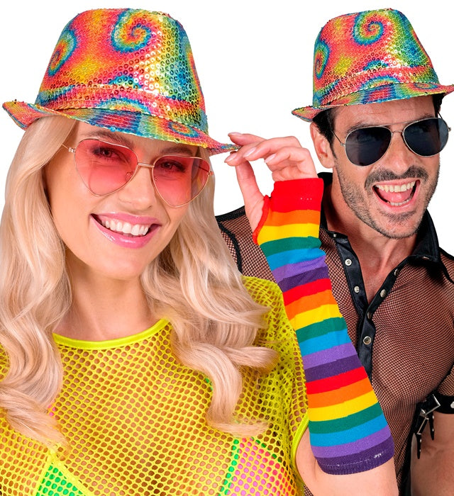 Pailletten Fedora Hut im bunten Tie-Dye Muster, geeignet für Fasnacht und Karneval