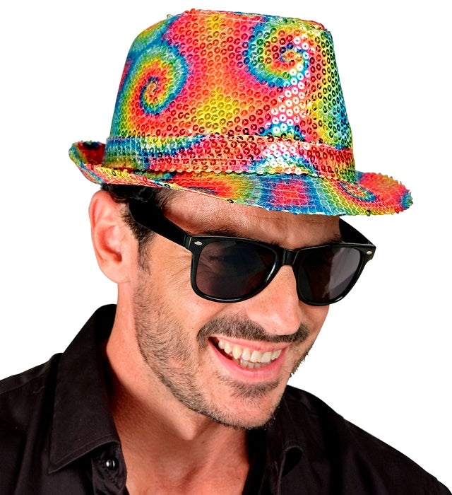 Pailletten Fedora Hut im bunten Tie-Dye Muster, geeignet für Fasnacht und Karneval