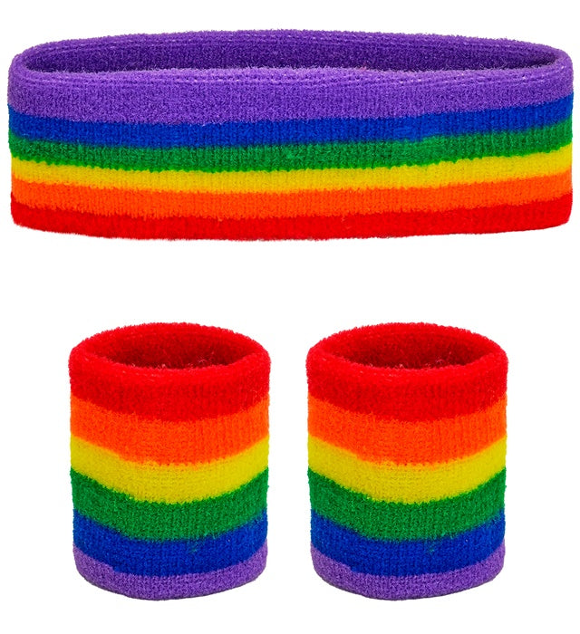 Regenbogen-Schweißband Set mit Stirnband und zwei Armbändern in bunten Farben
