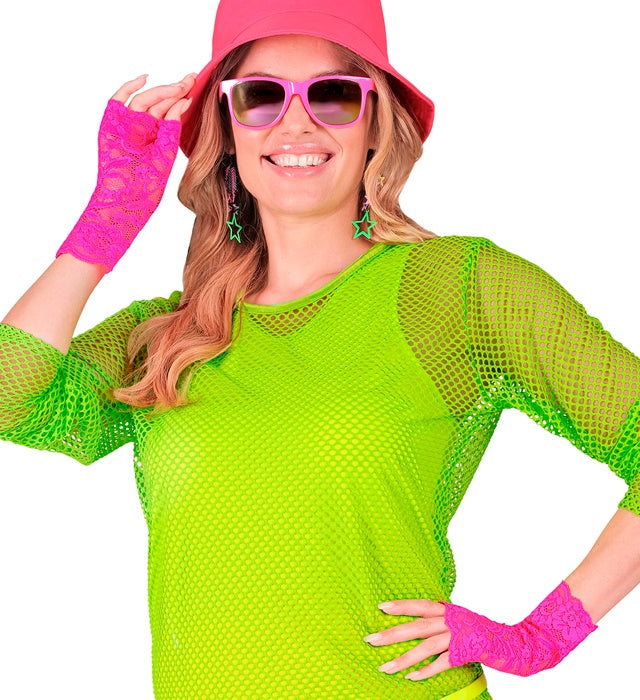 Neon pinke Spitzenhandschuhe als Fasnacht-Accessoire