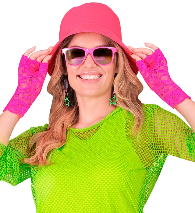Neon pinke Spitzenhandschuhe als Fasnacht-Accessoire