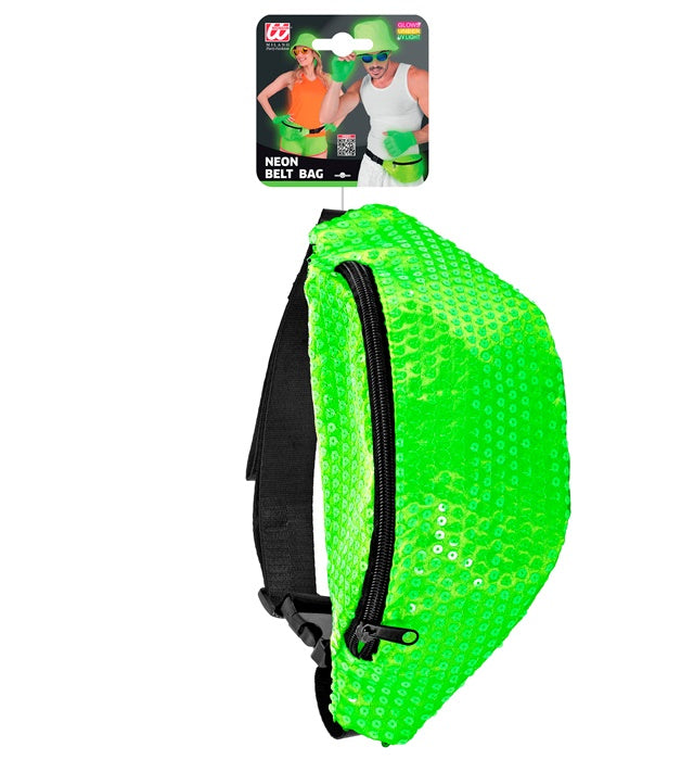 Neon grüne Pailletten Gürteltasche mit verstellbarem Gürtel auf weißem Hintergrund