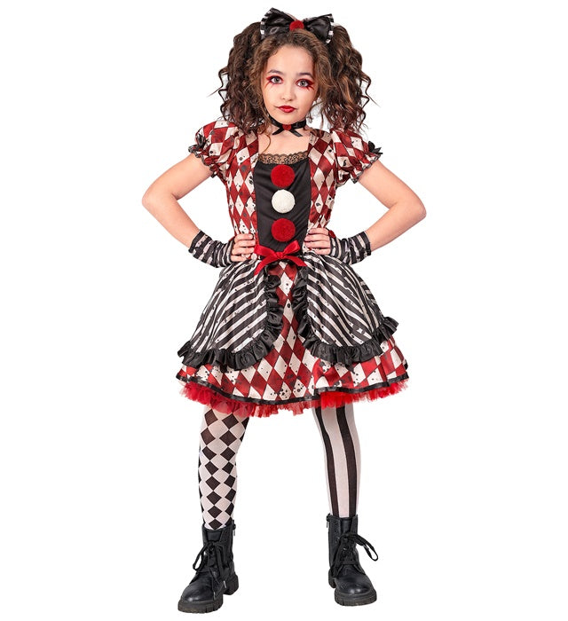 Harlekin-Puppe Kostüm mit Kleid, Haarreif mit Schleife, Halsband und Handschuhen