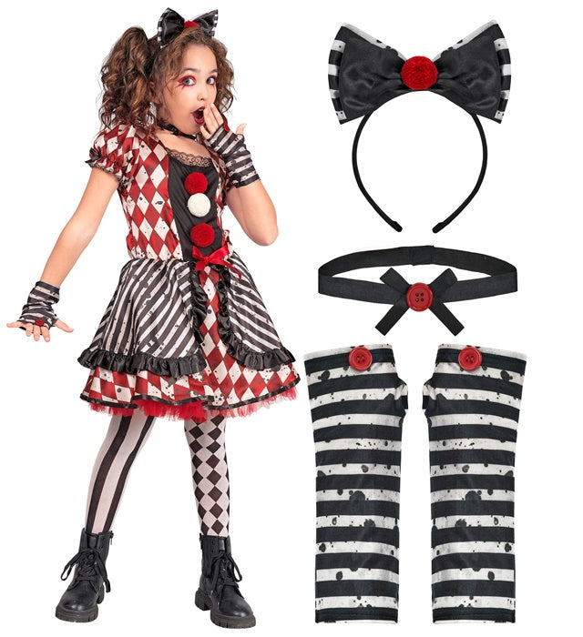Harlekin-Puppe Kostüm mit Kleid, Haarreif mit Schleife, Halsband und Handschuhen