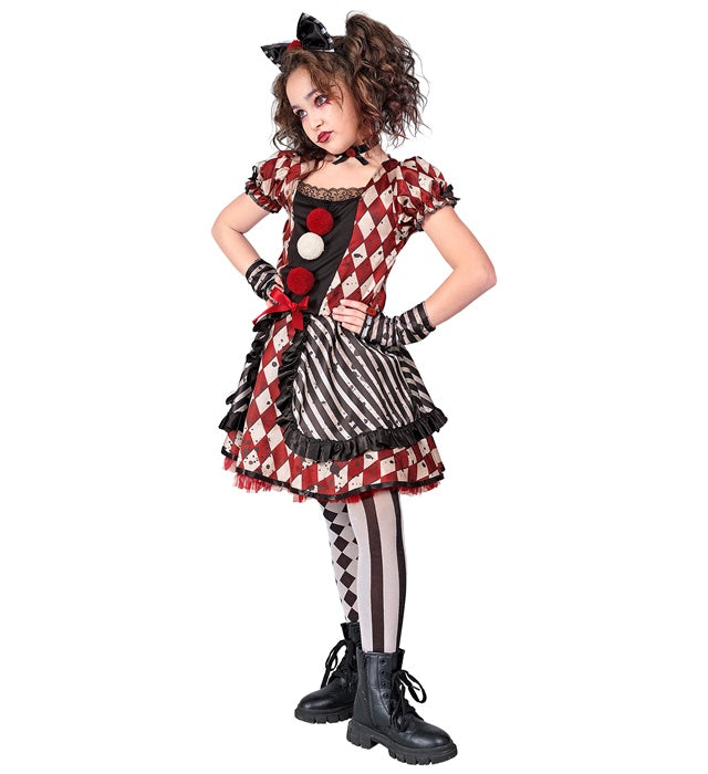 Harlekin-Puppe Kostüm mit Kleid, Haarreif mit Schleife, Halsband und Handschuhen
