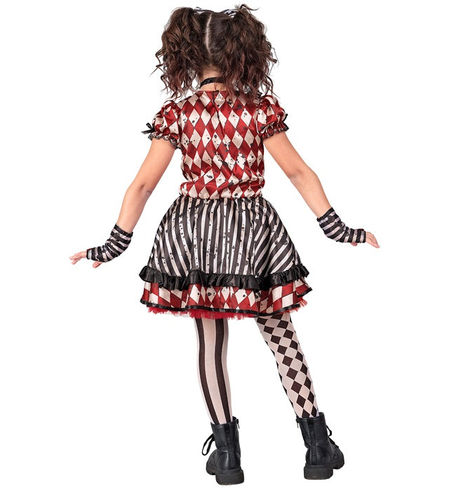 Harlekin-Puppe Kostüm mit Kleid, Haarreif mit Schleife, Halsband und Handschuhen