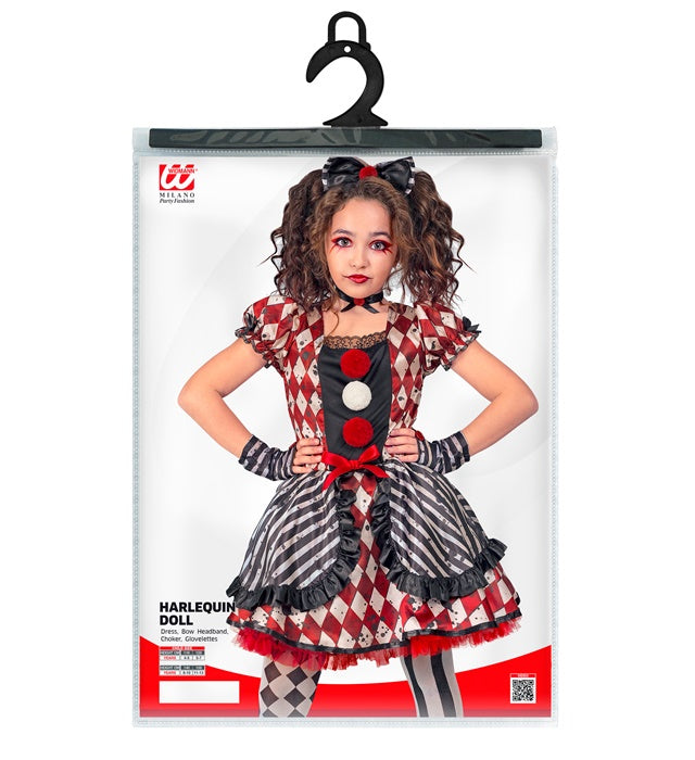 Harlekin-Puppe Kostüm mit Kleid, Haarreif mit Schleife, Halsband und Handschuhen