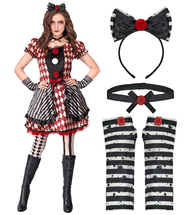 Harlekin Puppe Kostüm mit Kleid, Haarreif mit Schleife, Halsband und Handschuhen