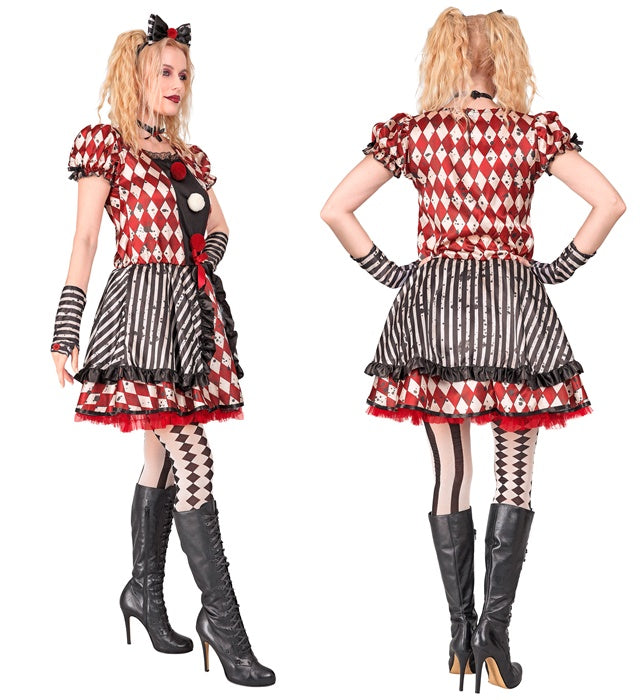 Harlekin Puppe Kostüm mit Kleid, Haarreif mit Schleife, Halsband und Handschuhen