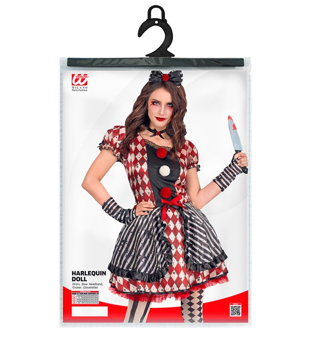 Harlekin Puppe Kostüm mit Kleid, Haarreif mit Schleife, Halsband und Handschuhen