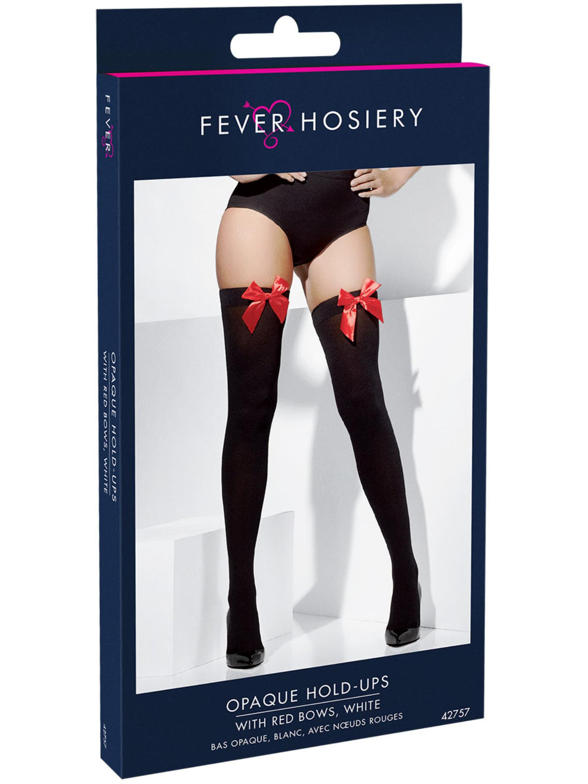 Smiffys FEVER schwarze blickdichte Hold-Ups mit roten Schleifen für Damen – Detailansicht