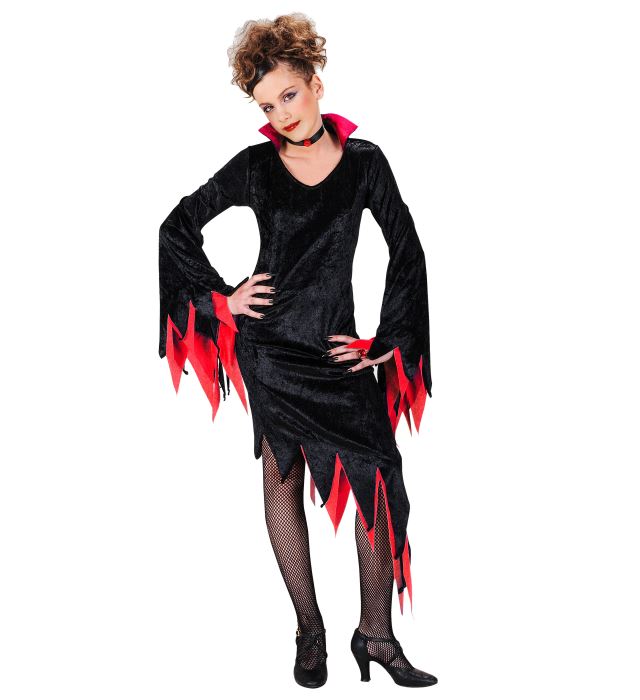 Dunkle Gebieterin Kostüm mit schwarzem Kleid, Kragen und Halsband in zwei Farbvarianten