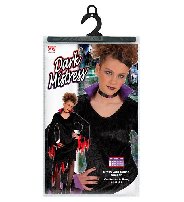 Dunkle Gebieterin Kostüm mit schwarzem Kleid, Kragen und Halsband in zwei Farbvarianten