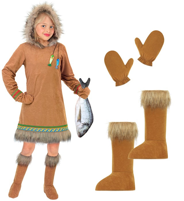 Eskimo-Kostüm mit Kapuze, Handschuhen und Stiefelüberziehern für Fasnacht