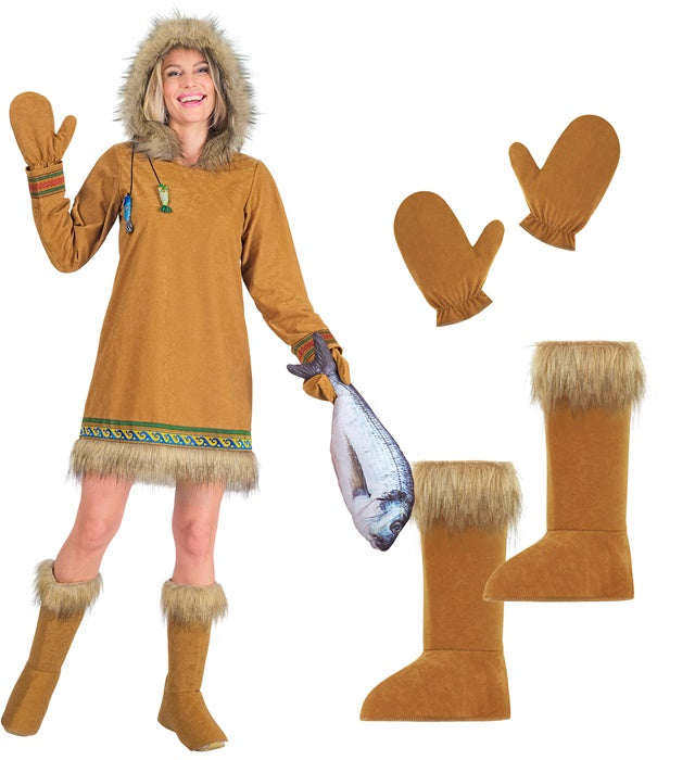 Eskimo-Kostüm mit Kapuze, Handschuhen und Stiefelüberziehern