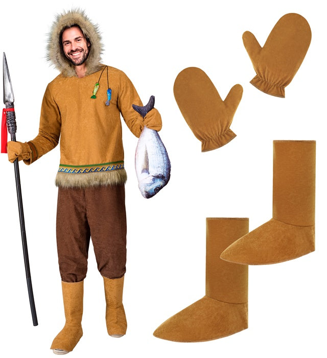 Eskimo-Kostüm mit Kapuzenoberteil, Hose, Handschuhen und Stiefelüberziehern