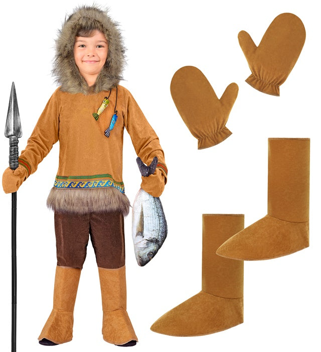Eskimo-Kostüm Komplettset mit Kapuzenoberteil, Hose, Handschuhen und Stiefelüberziehern