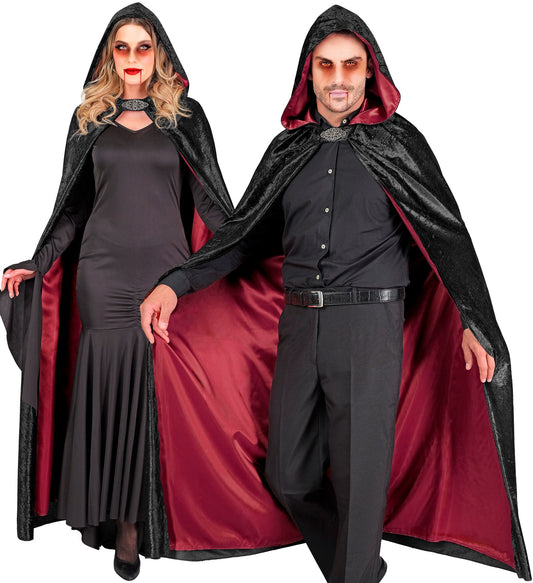 Schwarzer Samt Umhang imit rotem Innenfutter 140cm