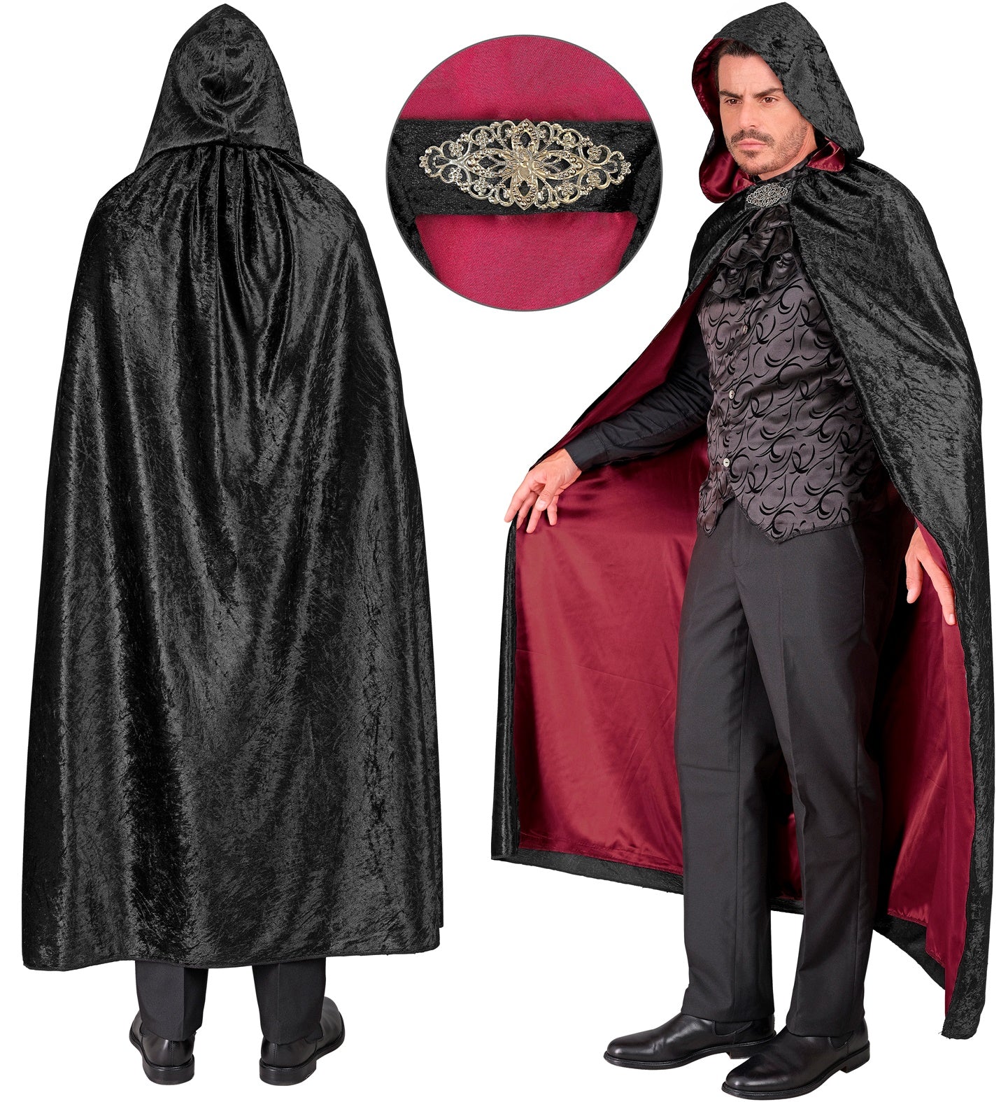 Schwarzer Samt Umhang imit rotem Innenfutter 140cm