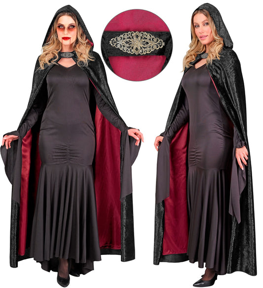 Schwarzer Samt Umhang imit rotem Innenfutter 140cm