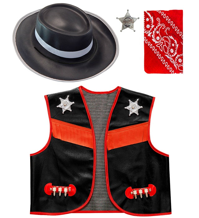 Kinder Cowboy-Kostüm mit Weste, Hut, Bandana und Sheriffstern